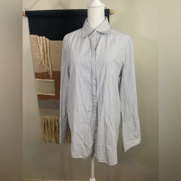Lewit Blue Striped Poplin Button Down Exaggerated Cuff Boyfriend Shirt M - Picture 4 of 13